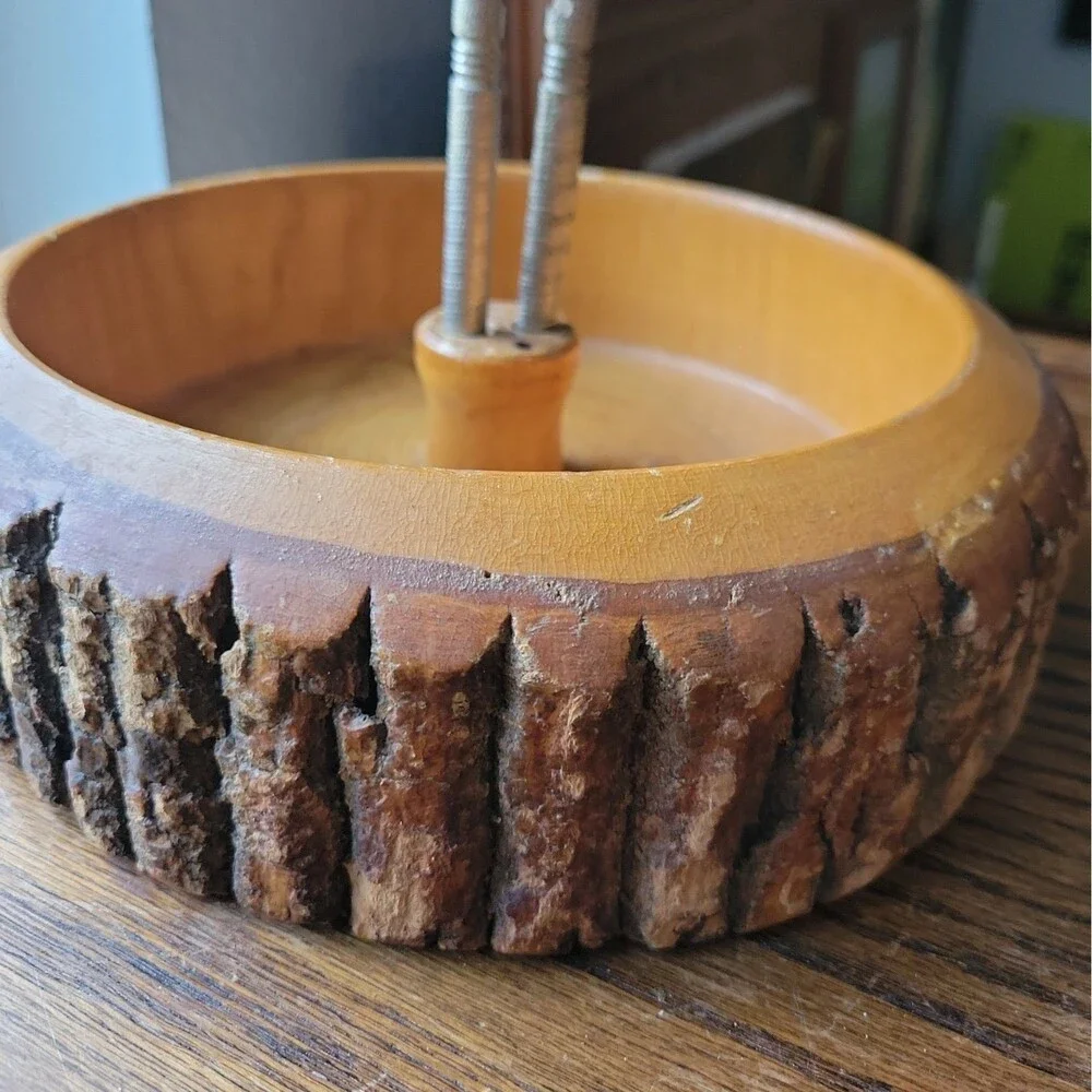 Vtg MCM Nut Bowl Rustic Edge Tree Bark Set with 1 Nutcracker 9